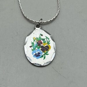 Vintage Blackington Floral Enamel and Pewter Pendant Necklace